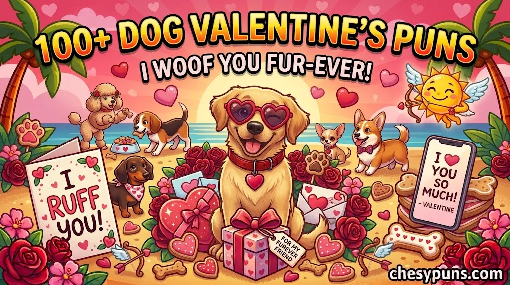100+ Hilarious Dog Valentine's Day Puns: Funny Puppy One-Liners, Paw-some Love Jokes & Cute Captions (2026)
